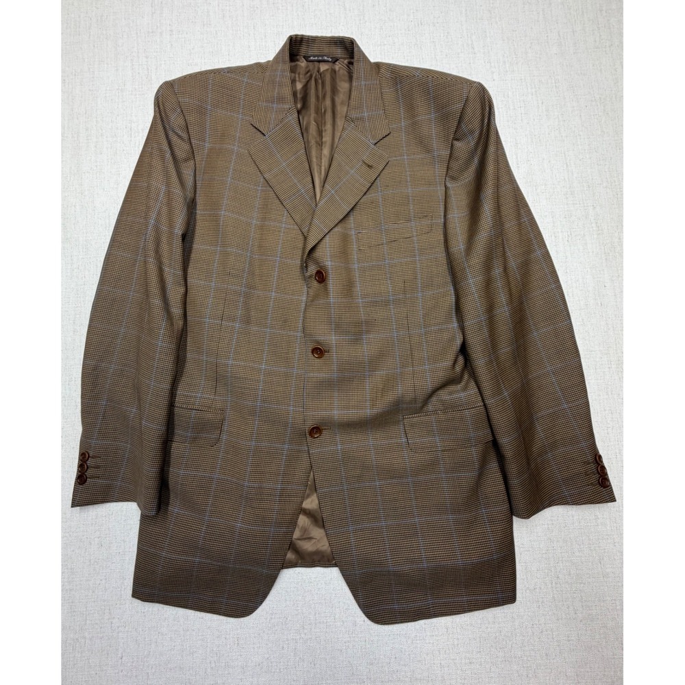 Canali Proposta Mens Brown Blue Windowpane Wool Sport Coat Blazer Italy 54 R 44R